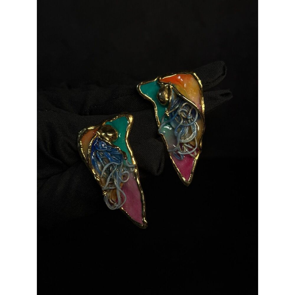 Krementz Lacombe 1988 Multicolor Enamel Earrings 2.1"